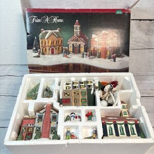 Vintage Trim A Home 9 Pc Porcelain House Village Christmas Set Light Up Church
